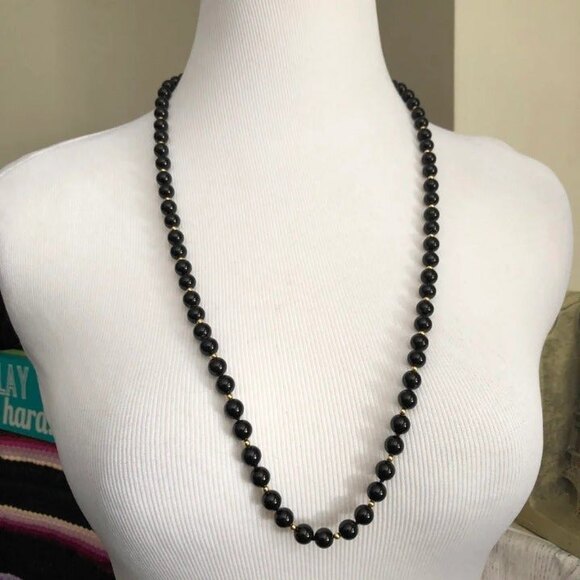 Knotted Cotton Strung Black Glass Bead Necklace - Picture 1 of 8